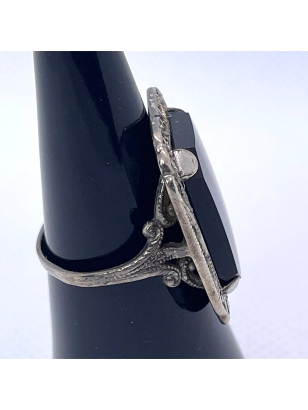 Art Deco Ring Black Onyx Marcasite Sterling Silver Statement Estate Size 6.25 - Picture 6 of 12